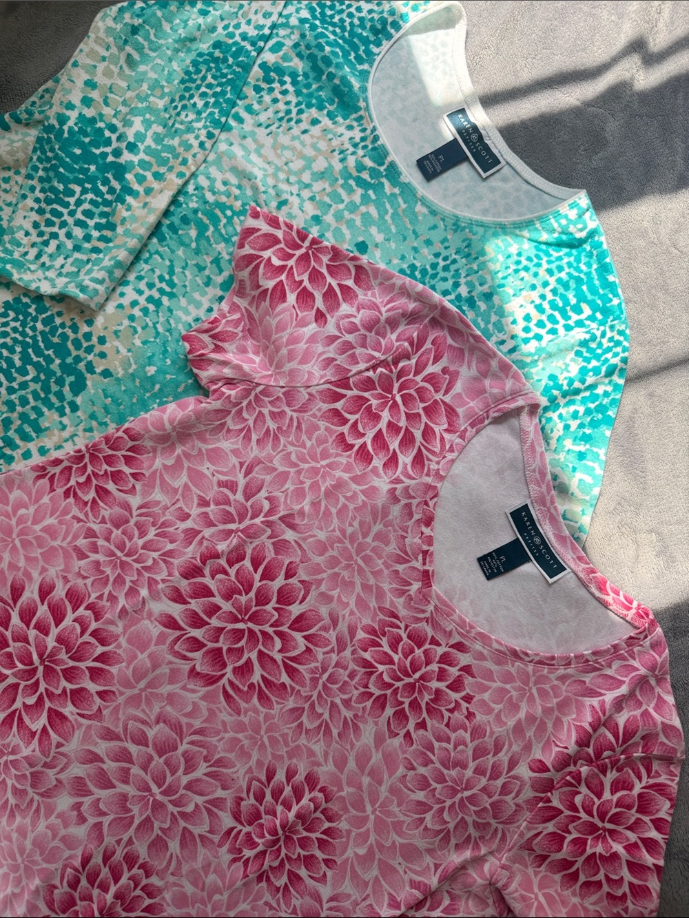 Set of Two Karen Scott Petite Tops - Pink Floral Short Sleeve & Aqua 3/4 Sleeve